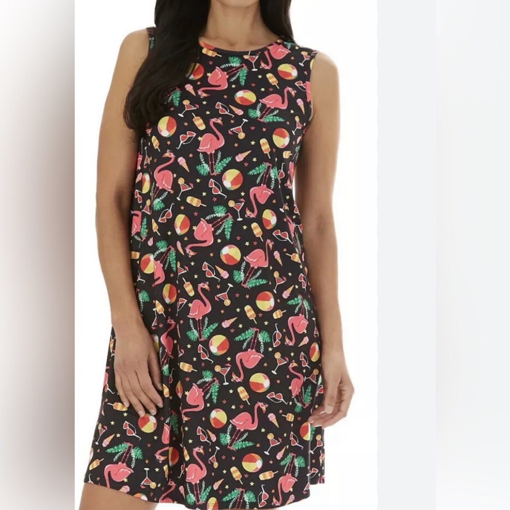 Flamingo summer novelty print sleeveless beach dress, mini, resortwear vacation